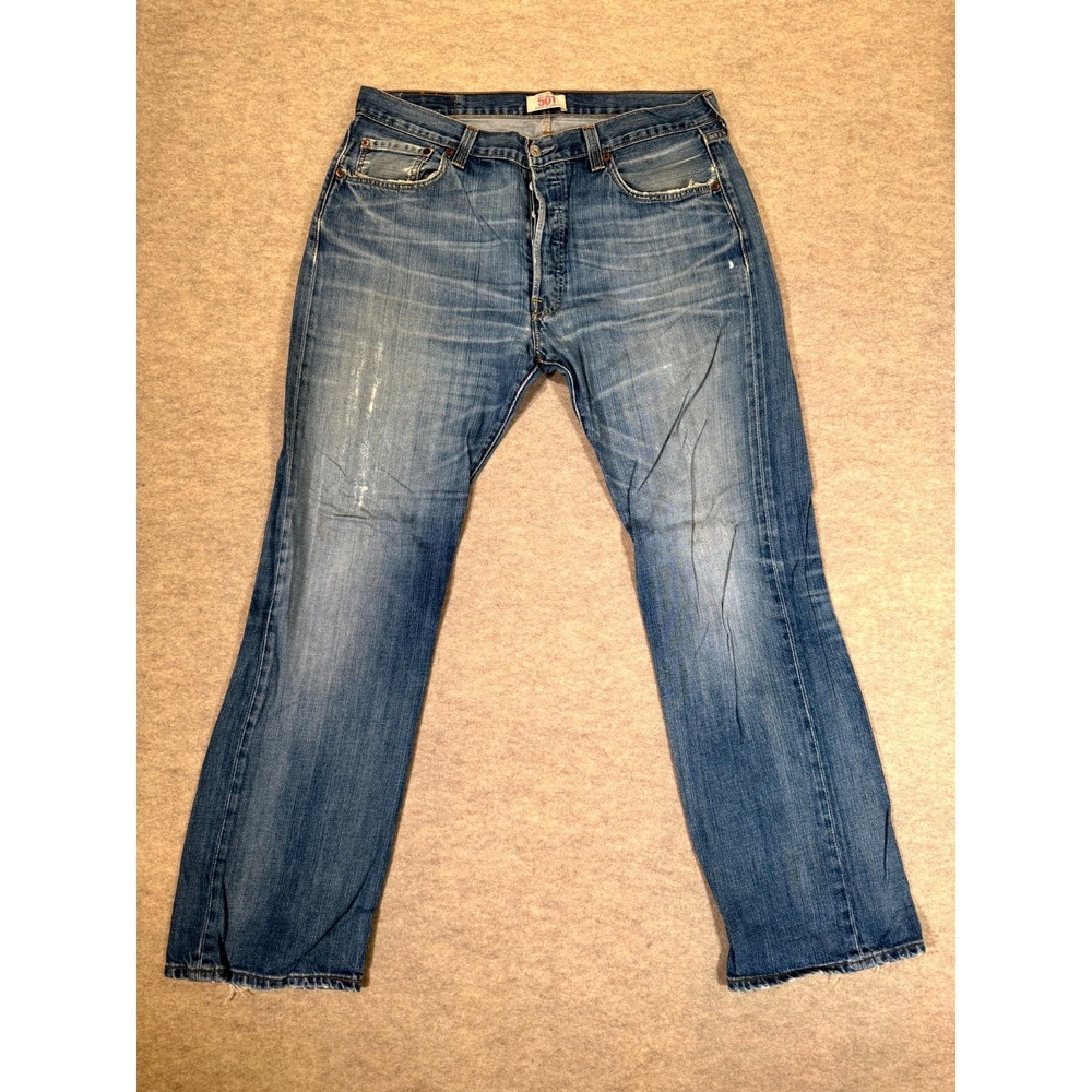 Levis 501 Original Jeans Mens 36x32 Blue Whiskered‎ Denim Straight Leg Mid Rise